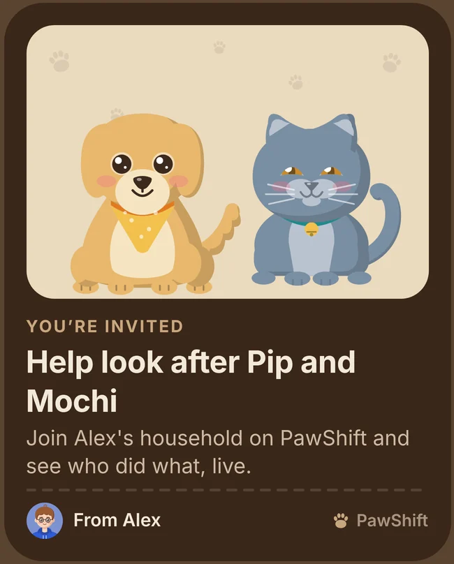 The invite card: Pip and Mochi, “You’re invited. Help look after Pip and Mochi”, from Alex